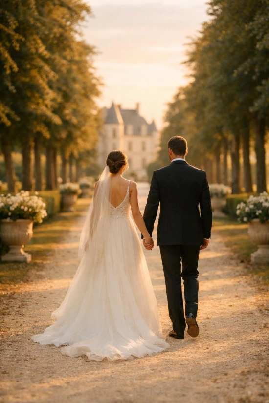 Allée de jardin d’un château français au coucher du soleil avec un couple de mariés – inspiration mariage dans l’Oise, l’Eure et la Seine-Maritime